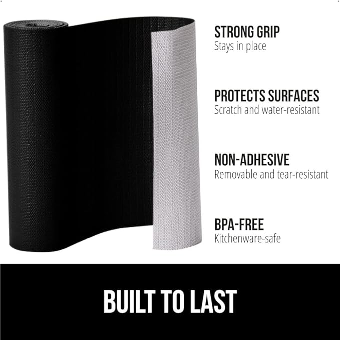 GORILLA GRIP DripGuard Shelf Liner, Non Adhesive Drawer and Kitchen Cabinet Protector, Slip Resistant BPA Free Smooth Surface Plastic Liners for Cabinets, Bathrooms, Closets, 17.5x240 Inch, Black
