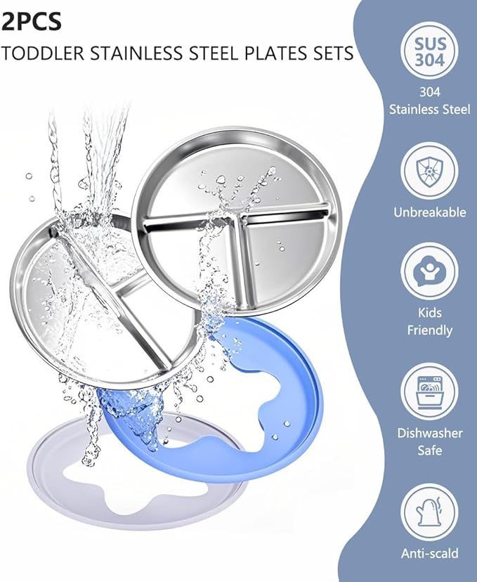 Stainless Steel Baby Plates With Suction,9” Divided Plate Silicone Sleeve For Kids ,Metal Toddler Plates BPA Free Stainless Steel Toddler Plate Unbreakable Dishwasher Safe Set Of 2 Blue and Gray