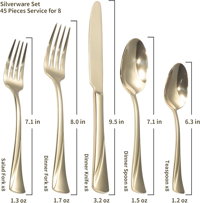 Alata Alice Champagne Gold Mirror 45-Piece Silverware Set Stainless Steel Flatware Set,Service for 8,Mirror Polished Cutlery Set,Dishwasher Safe