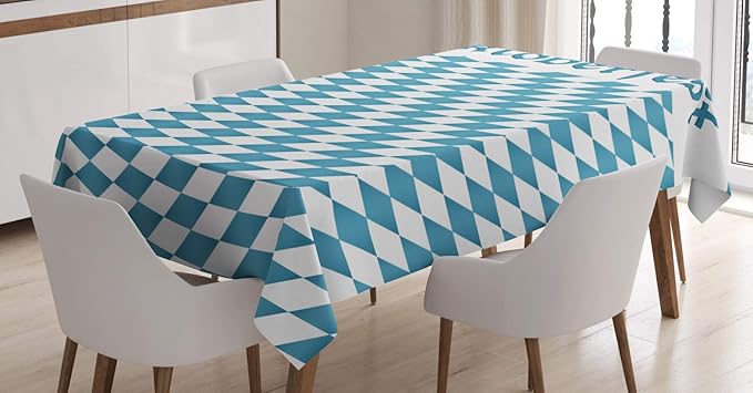 Ambesonne Oktoberfest Tablecloth, Oktoberfest Celebrating Traditional Holiday Ribbon on Checkered Background, Rectangular Table Cover for Dining Room Kitchen Decor, 52" X 70", White Blue