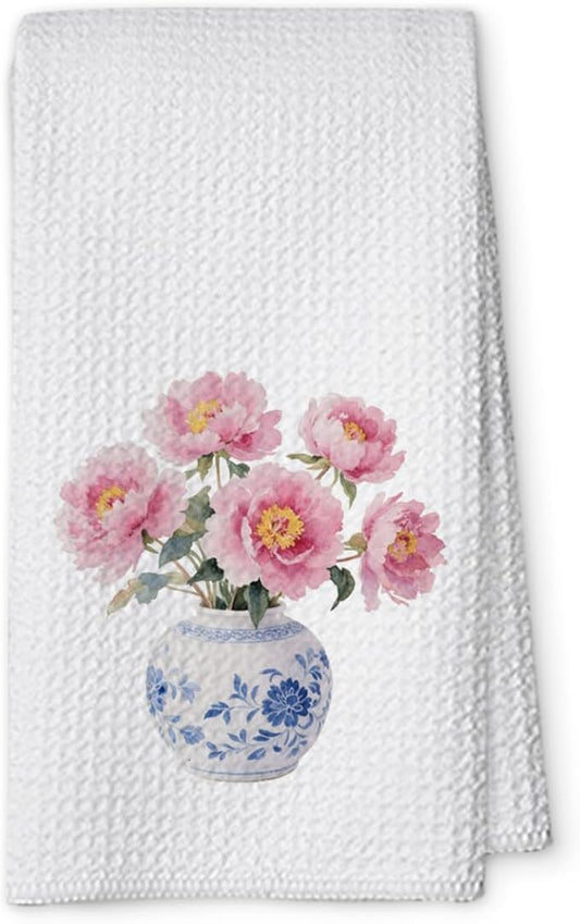 Blue and White Chinoiserie Kitchen Towels,Floral Hydrangea Fingertip Decor Hand Towels for Bathroom Clearance,Waffle Farmhouse Porcelain Decor for High End Hostess Gifts-A09