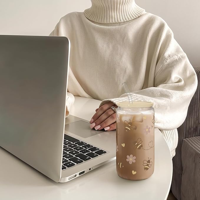 Bee 16oz Can Glass Tumbler with Acrylic Lid & Straw - Iced Coffee Cup for Women Girls, Aesthetic Cups Gifts for Birthday Christmas