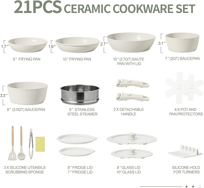 Nonstick Ceramic Cookware Set 21PCS with Detachable Handle, Pans and Pots Set, RV Kitchen Set Cookware Set, with Removable Handles, Oven Safe, Induction Ready, Stackable Non-stick Set