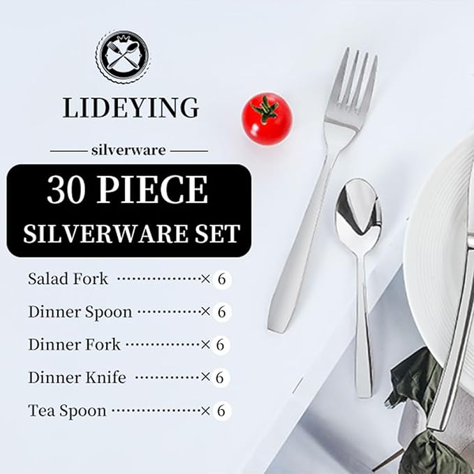 Silverware Set, 30-Piece Flatware Set Cutlery Set Premium 18/10 Stainless Steel,Including Steak Knife Fork and Spoon,Dishwasher Safe,for Home Kitchen Restaurant Wedding