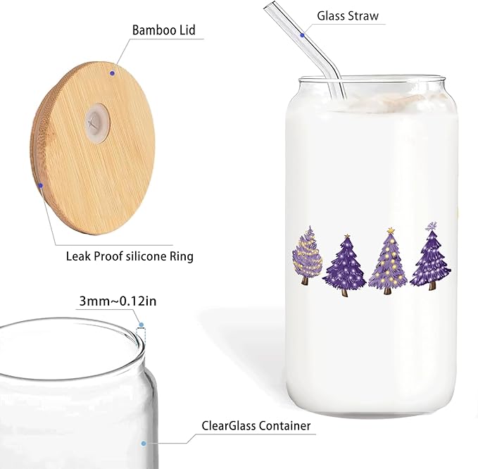 Purple Christmas Tree gifts Glass Coffee Cup With Lid And Straws 14oz - Merry Christmas Drinking Jar Gift For Women Kids Men,Glass Cup For Purple Xmas Decor