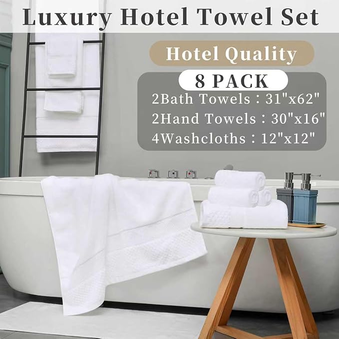 Durable Towel Set for Bathroom, Set of 8（2PC Bath 31"x62",2PC Hand 18"X30",4PC Wash 12"X12") - 100% Cotton | Thick 560GSM | Quick Dry | Soft | Absorbent, Luxury Hotel Towels for Shower, White