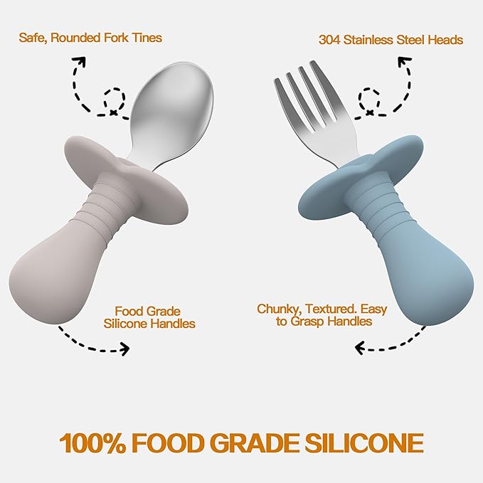 4 Pieces Toddler Utensils, Kids Silverware Set with Silicone Handle, 18/8 Stainless Steel Children Safe Forks and Spoons, BPA Free, Anti-Choke Design (Lite Blue, Grey)
