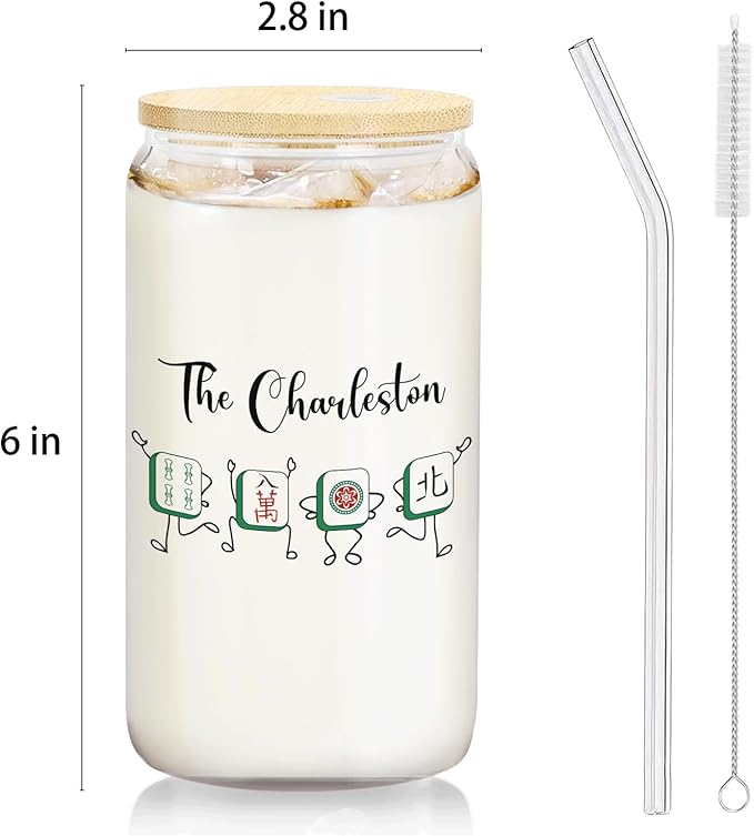 Mah Jong Accessories Glass Cup with Lids and Straws 14oz, Gifts for Women Mahjong Players Lovers, Mahjong Tiles Glass Iced Coffee Tumbler Drinking Jars with Cleaning Brush