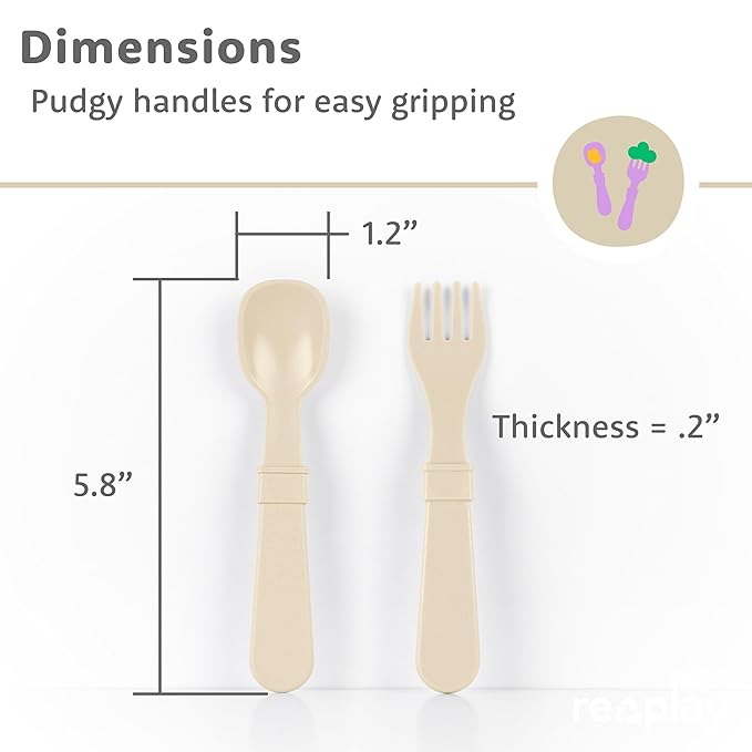 Re-Play Toddler Forks and Spoons Set - 4x4 Utensils Set for Kids - Dishwasher and Microwave Safe - Made in USA - Pack of 8 - Sand Beige