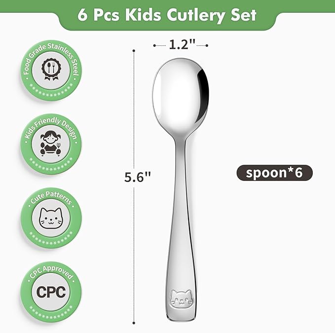 DRKIO Stainless Steel Toddler Spoons Set - 6 Pieces Kids Spoons Set Children Safe Food Grade Kids Silverware Small Spoon Metal Toddler Utensils Dishwasher Safe Mirror Polished