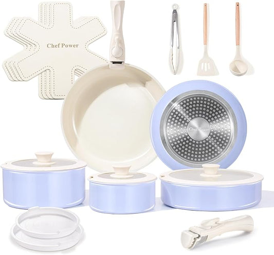 Chef Power Ceramic Nonstick Pots and Pans Set 19 Piece with Detachable Handle, Induction Dishwasher Oven Safe Cookware Set, RV Kitchen Set Removable Handle (Light Purple)