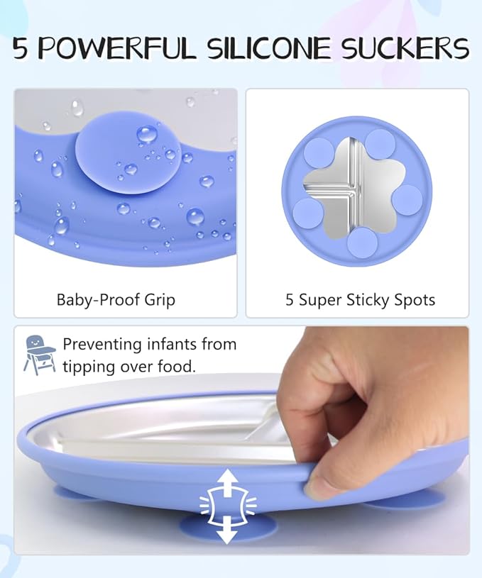 Stainless Steel Baby Plates With Suction,9” Divided Plate Silicone Sleeve For Kids ,Metal Toddler Plates BPA Free Stainless Steel Toddler Plate Unbreakable Dishwasher Safe Set Of 2 Blue and Gray
