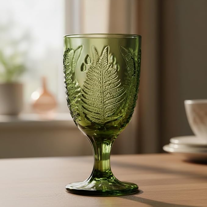 Green Glass Goblets Set of 4, 10 oz Stemmed Wine Glasses, Handcrafted Vintage Green Glassware, Fern Embossed Colored Stemware, Boho Aesthetic Textured Drinkware, Retro Home Decor Christmas Gift Set