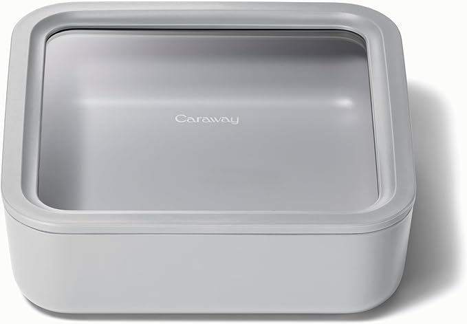 Caraway Glass Food Storage - 10 Cup Glass Container - Ceramic Coated Food Container - Non Stick Lunch Box with Lids - Dishwasher, Oven, & Microwave Safe - Square Shape - Gray