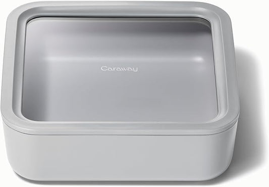 Caraway Glass Food Storage - 10 Cup Glass Container - Ceramic Coated Food Container - Non Stick Lunch Box with Lids - Dishwasher, Oven, & Microwave Safe - Square Shape - Gray