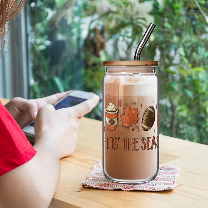 Pumpkin Fall Cup 16 OZ Glass Cups w/Lids Straws, Fall Decor, Tis the Season Pumpkin Mug, Autumn Gifts for Women