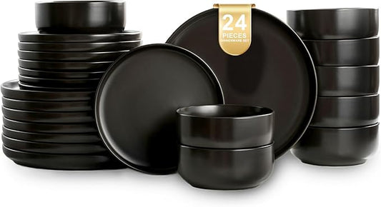 EWFEN Plates and Bowls Sets, Dinnerware Sets for 8, 24 Pieces Scratch Resistant Dishware Dishes Set, Ceramic Kitchen Dinner Set, Porcelain & Microwave and Dishwasher Safe, Black