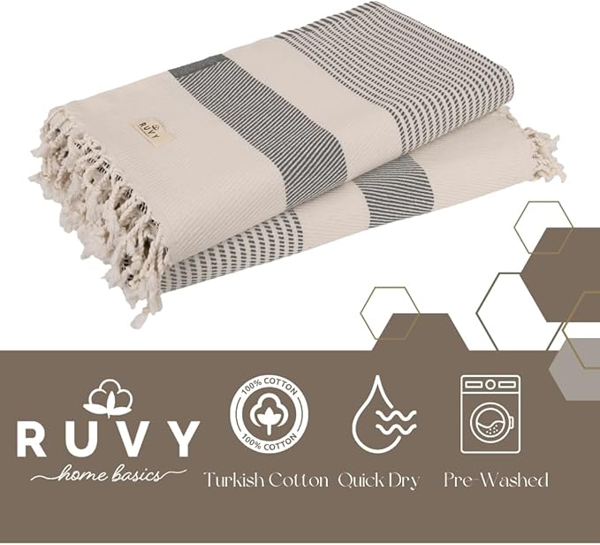Ruvy Home Basics 2 Pack Turkish Beach Towels – Oversized Quick-Dry Bath Towels (40 x 72 Inches) – 100% Cotton Large Towels for Pool, Yoga, Travel, Camping Essentials, and Bathroom Decor - Light Grey