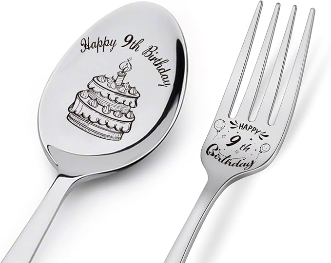 Happy 9th Birthday Spoon&Fork Gifts Engraved Spoon&Fork Personalized Birthday Gifts for Son Daughter Sister Brother Friends