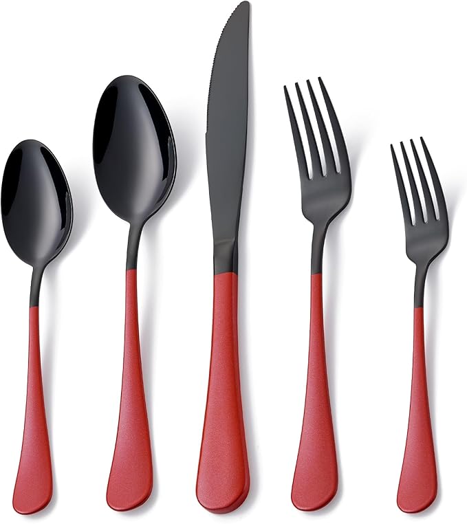 20 Piece Black Red 18/0 Flatware Utensil Set for 4, Include Dinner Knife,Dinner Forks,Dinner Spoons,Salad Forks,Teaspoons,Silverware Set for 4, Dishwasher Safe