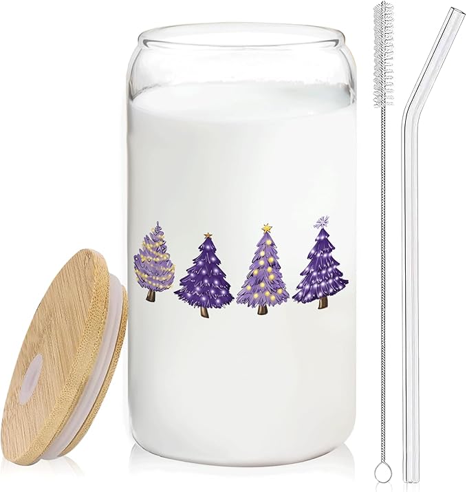 Purple Christmas Tree gifts Glass Coffee Cup With Lid And Straws 14oz - Merry Christmas Drinking Jar Gift For Women Kids Men,Glass Cup For Purple Xmas Decor