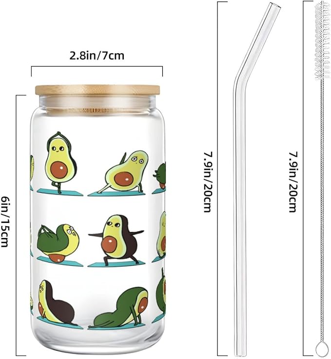 Avocado Yoga Transparent Glass Cup 16 OZ —— Bamboo Lid & Straw, The Travel Glassware Great for Any Occasion, Any Hot and Cold Drinks