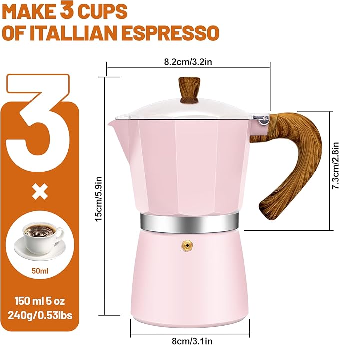 3 Cup Aluminum Espresso Stovetop Moka Pot Express Coffee Maker Percolator Italian Classic Mocha Coffee Machine for Italian and Cuban Cafe Brewing for Home & Camping 150ml 5oz