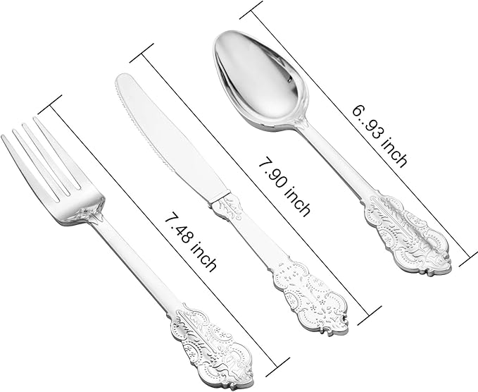 BUCLA 600PCS Silver Plastic Silverware - Heavy Duty Disposable Plastic Cutlery - Include 200 Forks, 200 Spoons, 200 Knives in Silver for Parties, Weddings & Christmas