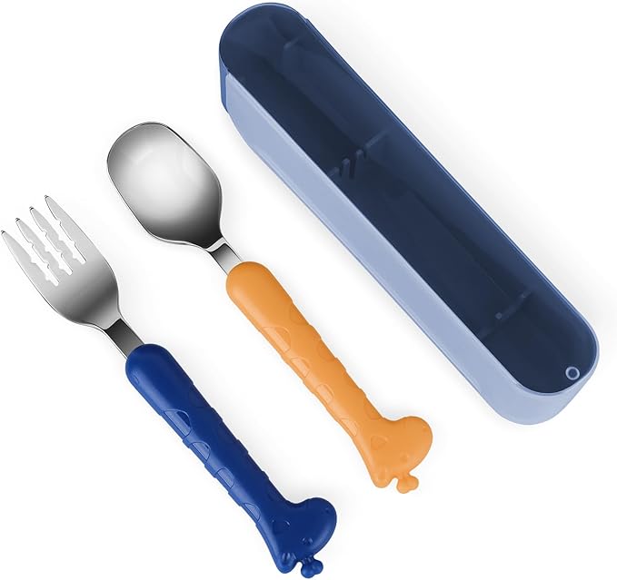 Stainless Steel Kid Silverware Set with Carrying Case, Safe Toddler Spoon and Fork Set for 1+, Ideal On-The-Go Toddler Utensil Set for School Lunch, Travel, & Outdoors, Dishwasher Safe(BLUE)