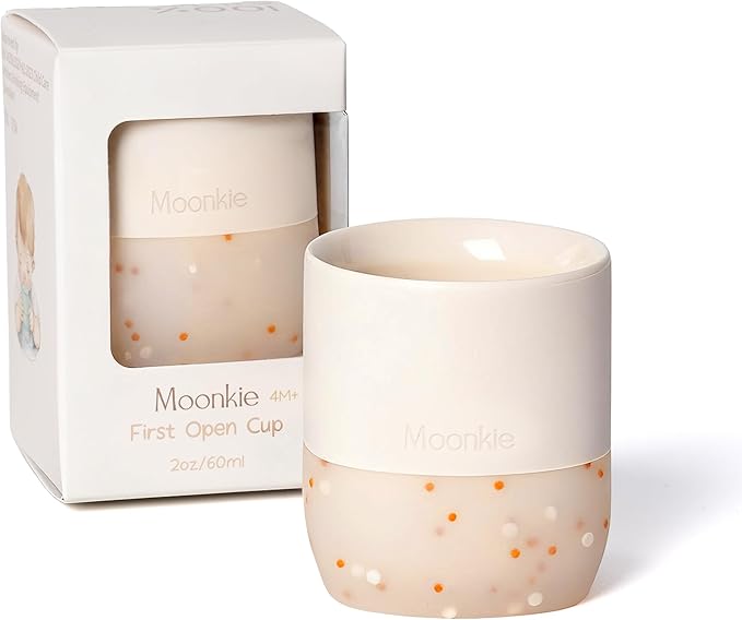 Moonkie Silicone Baby Cup 4 Months+ | Tiny Open Training Cup for Infants with Confetti Sprinkles | Baby-Led Weaning Essential | 2 oz (Ivory, 1 Pack)