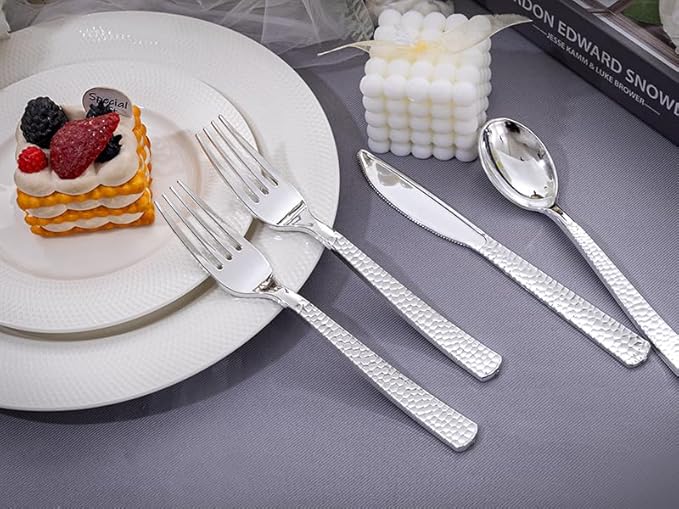 KIRE 400PCS Silver Plastic Silverware - Disposable Silverware, Heavy Duty Plastic Silverware Set Include 200 Silver Forks,100 Silver Knives,100 Silver Spoons for Party,Wedding for Christmas