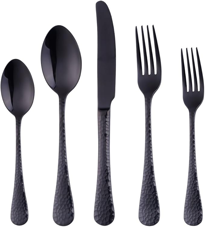 5-Piece Black Silverware Flatware Set Service for 1 Stainless Steel Cutlery Set Include Dinner Knife Table Fork Table Spoon Salad Fork Tea Spoon for Wedding, Dishwasher Safe