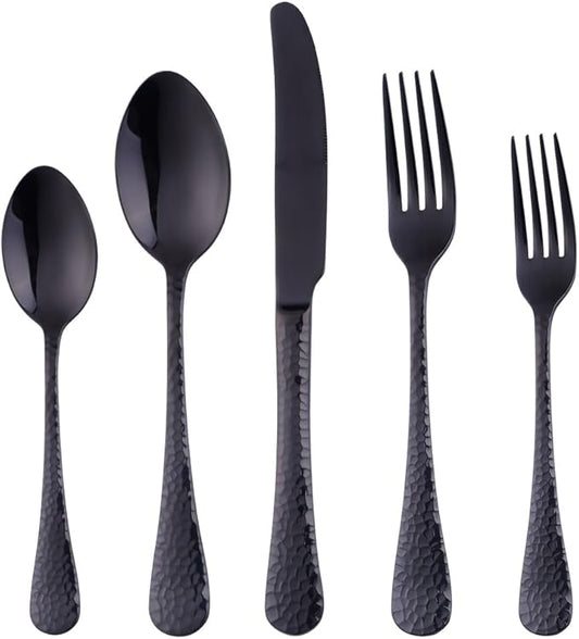 5-Piece Black Silverware Flatware Set Service for 1 Stainless Steel Cutlery Set Include Dinner Knife Table Fork Table Spoon Salad Fork Tea Spoon for Wedding, Dishwasher Safe