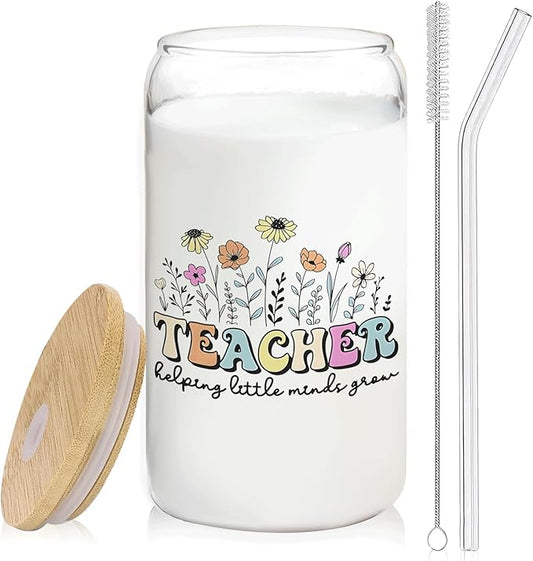 Floral Teacher Glass Cup Lids and Straws 14oz, Kindergarten Teacher Gifts for Women, Teachers Appreciation Gifts Glass Iced Coffee Tumbler Drinking Jars with Cleaning Brush