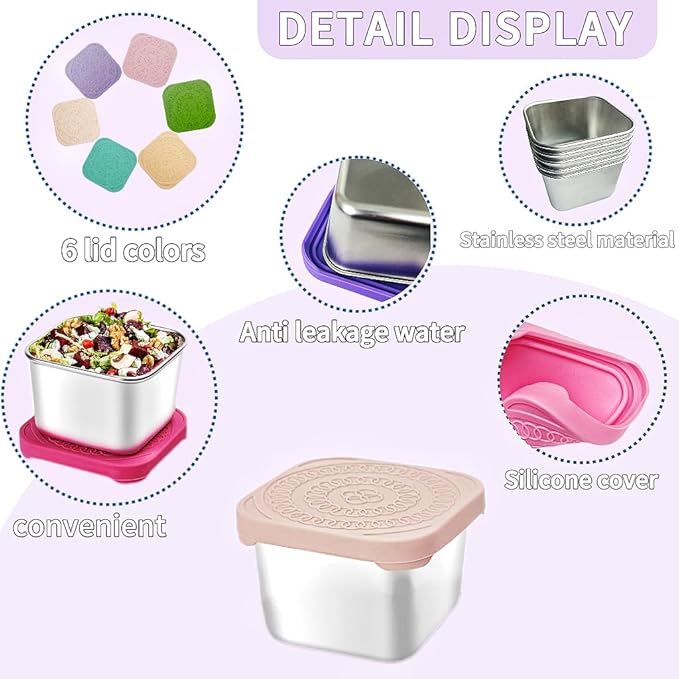 6Pack Stainless Steel Snack Containers for Kids, Easy Open Leak Proof Metal Toddler Snack Containers with Silicone Lids, Stackable Metal Toddler Lunch Box for Daycare, School and Travel (6oz)