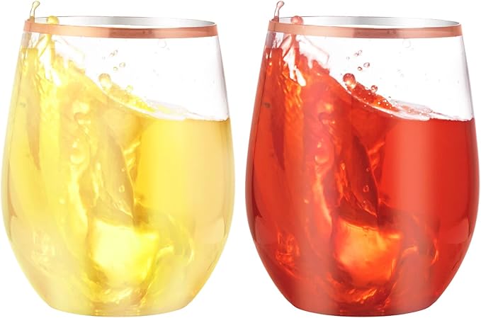 SUT 24 Disposable Stemless Wine Glasses, 12OZ Plastic Party Wine Cups, Rose Gold Wine Glasses, Shatterproof Reusable and BPA-Free, Clear Drinking Glasses Perfect for Outdoor Party, Wedding, Picnic
