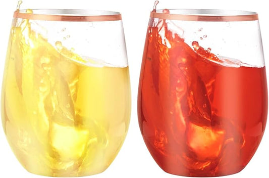 SUT 24 Disposable Stemless Wine Glasses, 12OZ Plastic Party Wine Cups, Rose Gold Wine Glasses, Shatterproof Reusable and BPA-Free, Clear Drinking Glasses Perfect for Outdoor Party, Wedding, Picnic