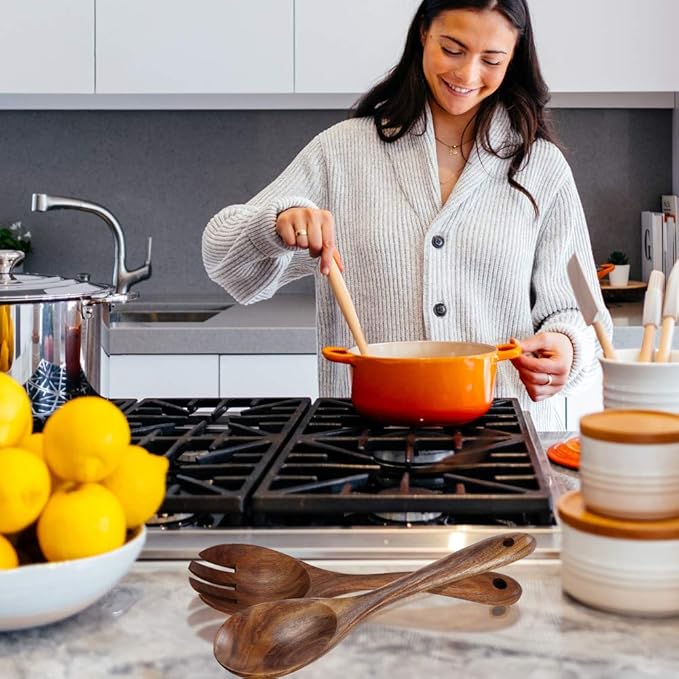 KALINCO Wooden Acacia Salad Servers with Salad Spoon and Fork Set Cooking Utensils for Kitchen (Natural Handmade Cookware) (salad servers)