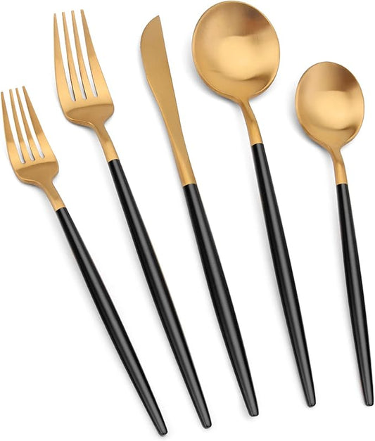 Matte Gold Silverware Set with black handle, Vanys 30 Piece Stainless Steel Cutlery Flatware Set, Kitchen Utensil Sets for 6, Tableware With Knife Spoons And Forks Set, Satin Finished Polished