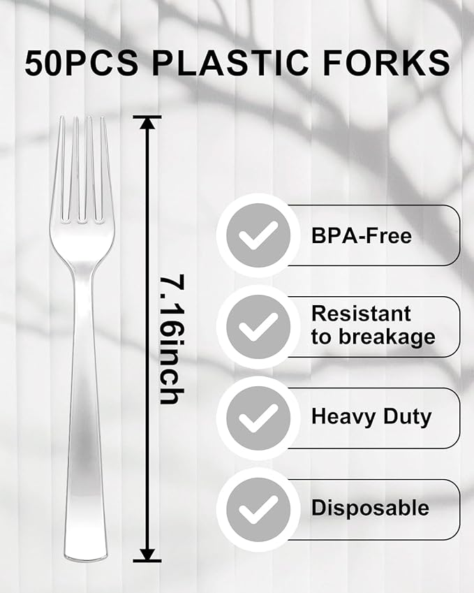 YOUBET 50PCS Silver Plastic Forks - Heavy Duty Plastic Forks - Solid Durable Silver Disposable Silverware for Party Picnic Wedding and Daily Use