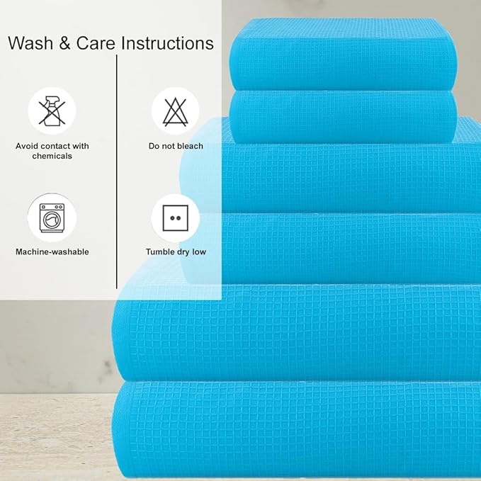 CASA COPENHAGEN Waffle Towel, 6Pieces 100% Cotton Large Towel Set- Teal Blue, 2Bath 2Hand 2Washcloths Instant Absorb and Dry, Soft Strong Towels for Hotel Spa Kitchen Bathroom & Shower