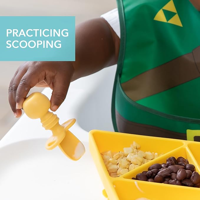 Bumkins Baby Utensils Set, Chewtensils Silicone Spoons for Dipping, Self-Feeding, Baby Led Weaning, Trainer Learning, First Stage Eating, Soft Practice Fork and Spoon, Babies 6 Months, Pineapple