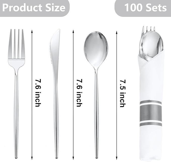 SUT 100 Pack Pre Rolled Silverware Set Disposable, 400 Pcs Silver plastic utensils Include 100 Forks, 100 Knives, 100 Spoons, 100 Napkins, Plastic Cutlery, Wrapped Silverware Set Disposable for Party