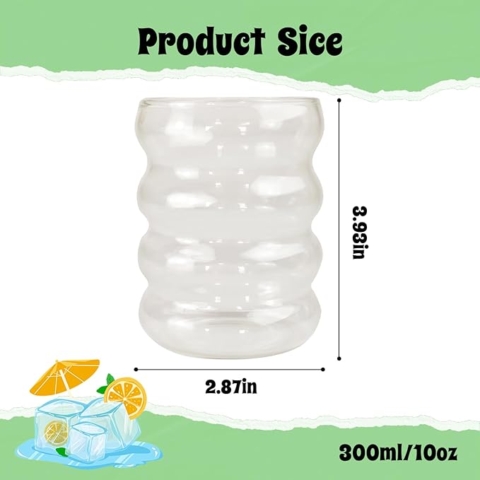 Ribbed Glass Cup 10 Oz Vintage Drinking Glassware Creative Small Ripple Glasses for Iced Coffee Juice Beverage Milk Cocktail Cute Wavy Glass Cups