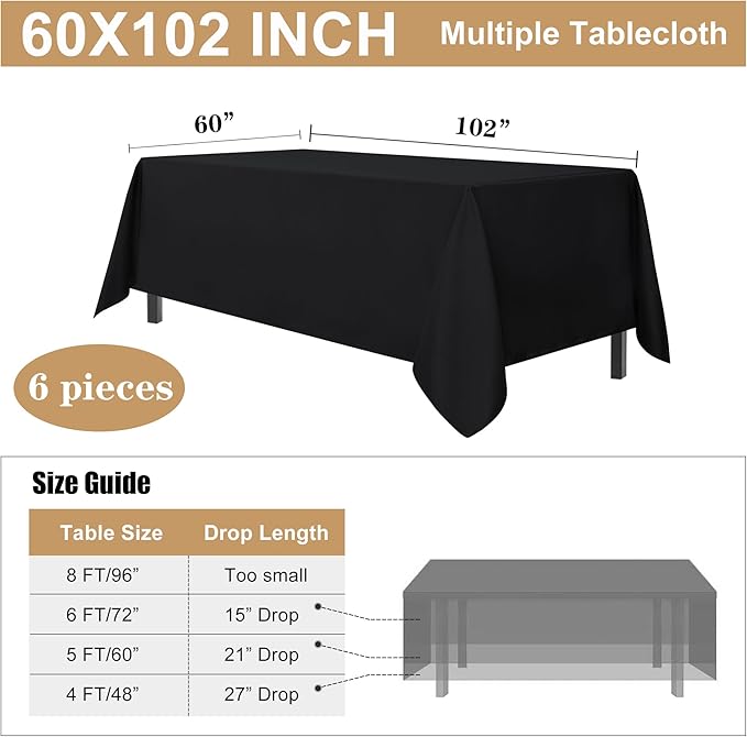 sancua 6 Pack Black Tablecloth 60 x 102 Inch, Rectangle Table Cloth for 6 Feet Tables - Stain and Wrinkle Resistant Washable Polyester Table Cover for Dining Tables, Buffet Parties and Camping