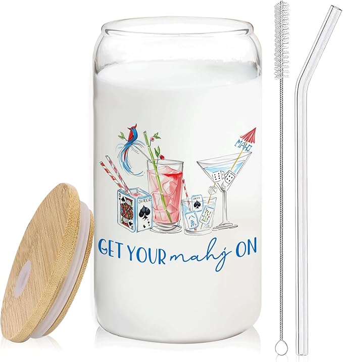 Trendy Mahjong Cocktail Glass Cup with Lids and Straws 14oz, Gifts for Mahjong Players Lovers, Mah Jong Accessories Glass Iced Coffee Tumbler Drinking Jars with Cleaning Brush