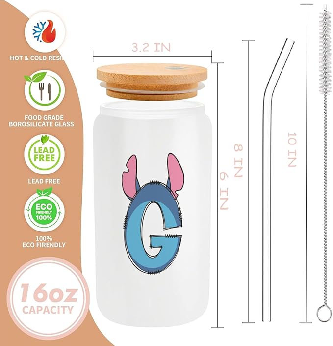 Cute Cartoon Lover Gifts Initial A-Z Personalized Iced Coffee Cup Cartoon Merch 16oz Glass Cup with Lid and Straws Birthday Christmas Gifts for Women Teen Girls Fans (Letter G)