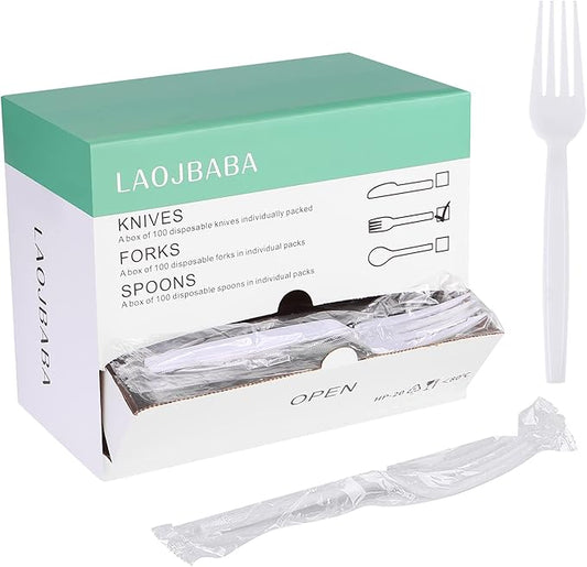 Plastic Forks Disposable Individually Packaged Forks White 7Inch Commercial Take Away Forks Heavy Individually Wrapped 100 PCS