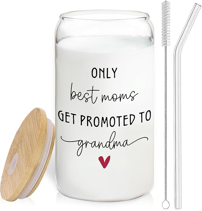 Promoted to Grandma Glass Cup with Lids and Straws 14oz, First Time Soon to Be Grandma Gifts, Mother's Day Gifts for New Grandmother Glass Iced Coffee Tumbler Drinking Jars with Cleaning Brush