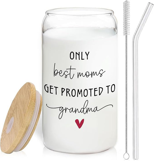 Promoted to Grandma Glass Cup with Lids and Straws 14oz, First Time Soon to Be Grandma Gifts, Mother's Day Gifts for New Grandmother Glass Iced Coffee Tumbler Drinking Jars with Cleaning Brush